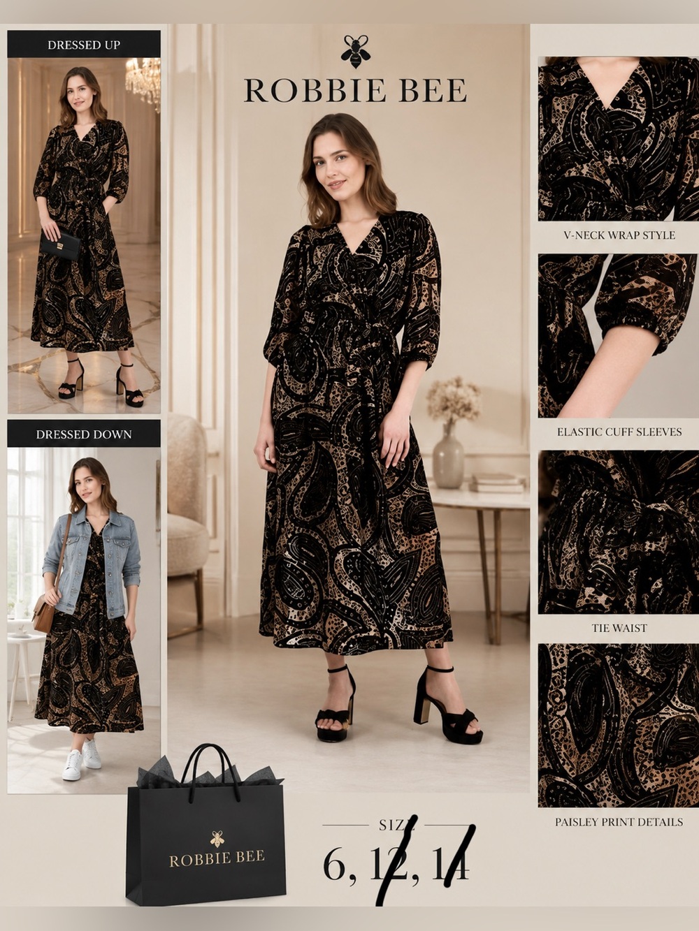 Robbie Bee Black and Brown Paisley Tie-Waist Maxi Dress